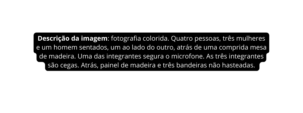 Descrição da imagem fotografia colorida Quatro pessoas três mulheres e um homem sentados um ao lado do outro atrás de uma comprida mesa de madeira Uma das integrantes segura o microfone As três integrantes são cegas Atrás painel de madeira e três bandeiras não hasteadas